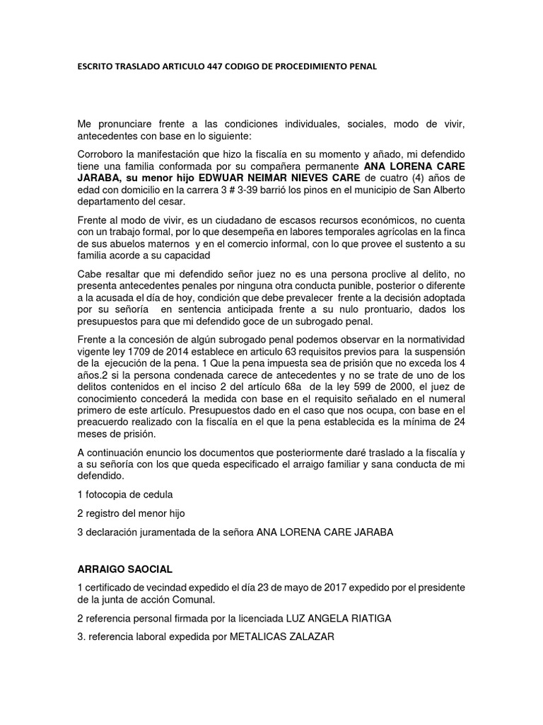 Escrito Traslado Articulo 447 Codigo de Procedimiento Penal Edwuar