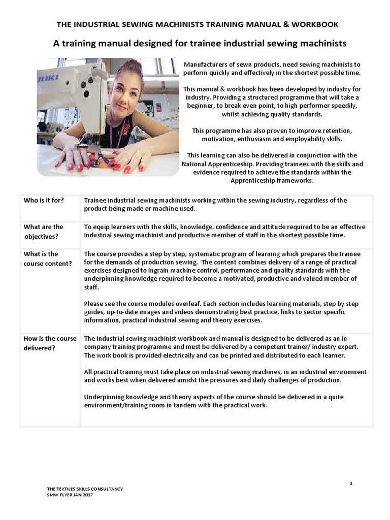 Industrial Sewing Machinists Trainining Manual and Workbook PDF