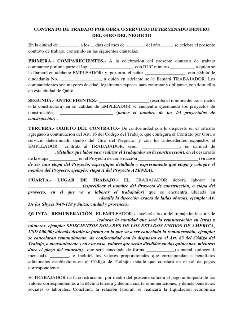 Modelo Contrato De Trabajo Por Obra O Servicio Giro Del Negocio Dic