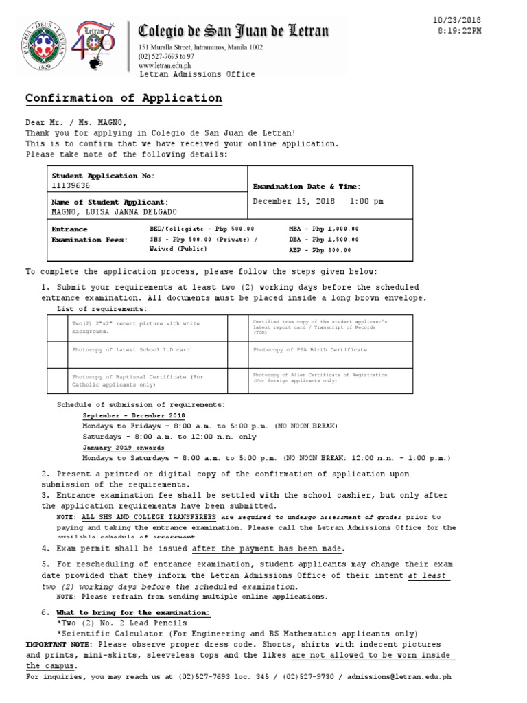 Letran Admission Confirmation Details | PDF