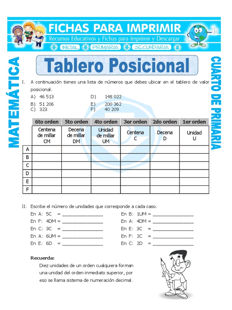 Ficha Tablero Posicional para Cuarto de Primaria PDF | PDF | Comunicación  escrita | Procesamiento de la señal, image size:768x1024