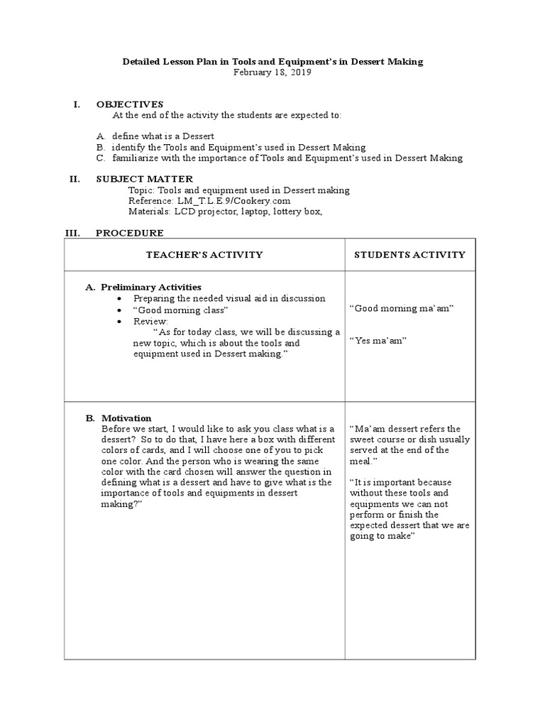 Detailed Lesson Plan in Tools and Equipment in Dessert Making PDF