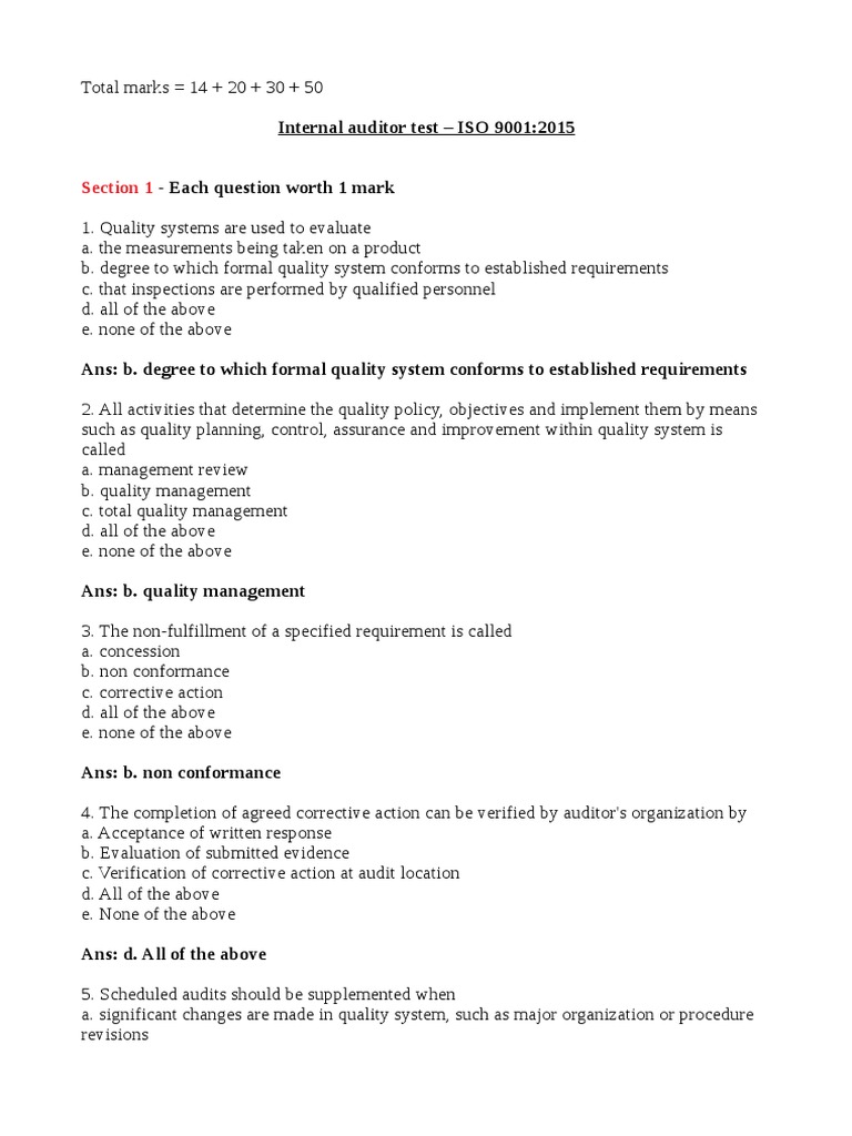 ISO 9001:2015 Internal Auditor Test | PDF | Internal Audit | Audit