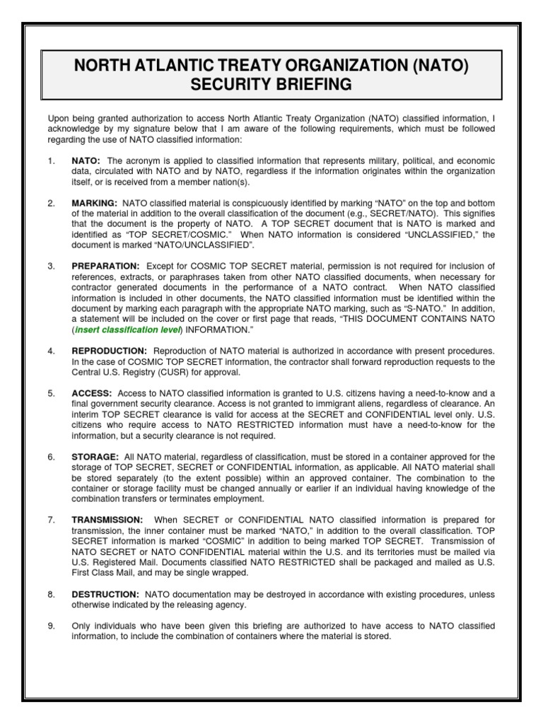 North Atlantic Treaty Organization (Nato) Security Briefing Insert
