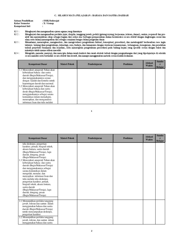 Silabus Bahasa Dan Sastra Daerah Bugis Kelas X Semester Genap
