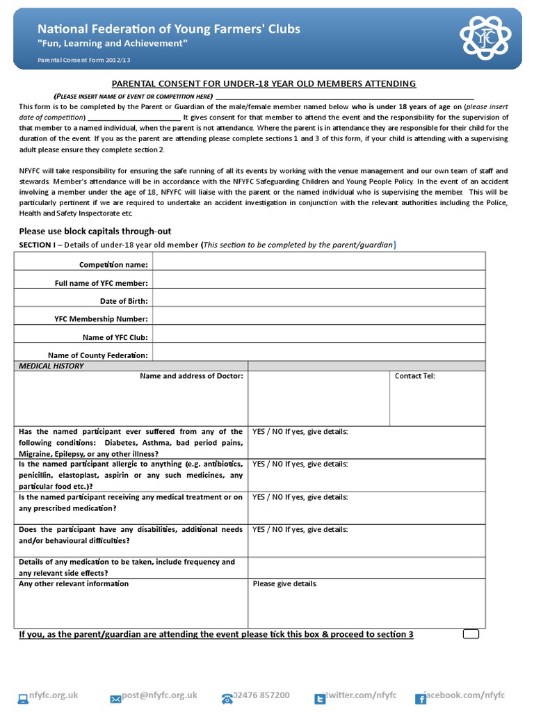 National Federation of Young Farmers' Clubs: Parental Consent For Under ...