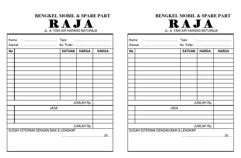 Bengkel Mobil Raja Contoh Nota
