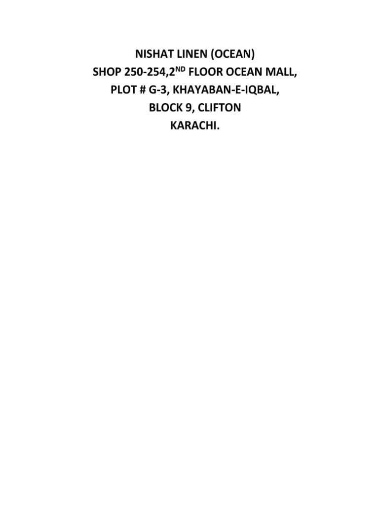 Nishat Linen (Ocean) SHOP 250254,2 Floor Ocean Mall, Plot G3