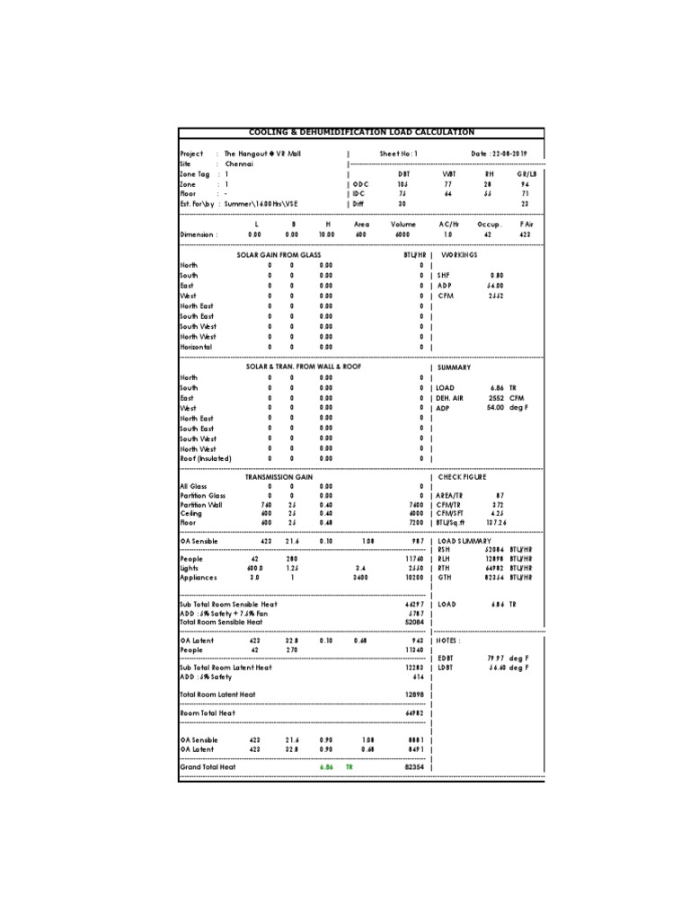 Cooling & Dehumidification Load Calculation | PDF | Temperature ...