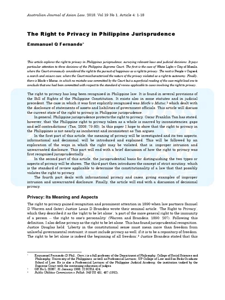The Right to Privacy in Philippine Law | PDF | Right To Privacy | Privacy
