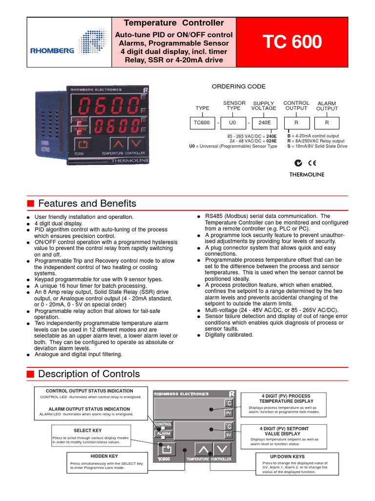 Features and Benefits: Temperature Controller | PDF | Relay | Thermocouple