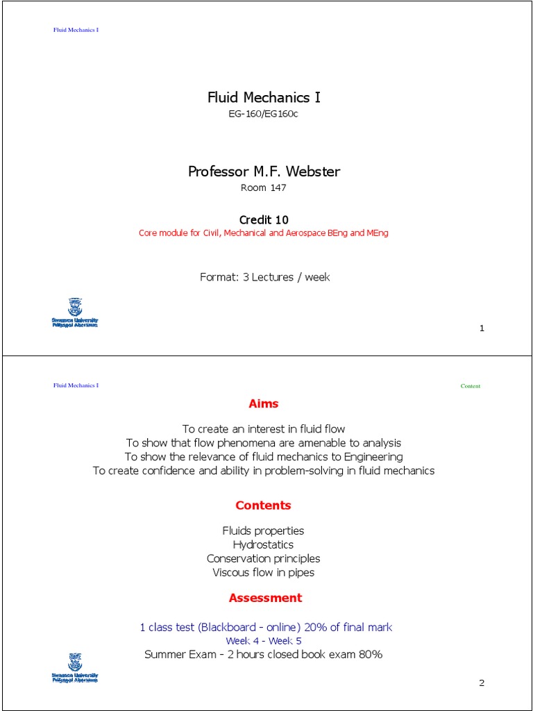 Fluid Mechanics I: Course Overview | PDF | Fluid Dynamics | Pressure