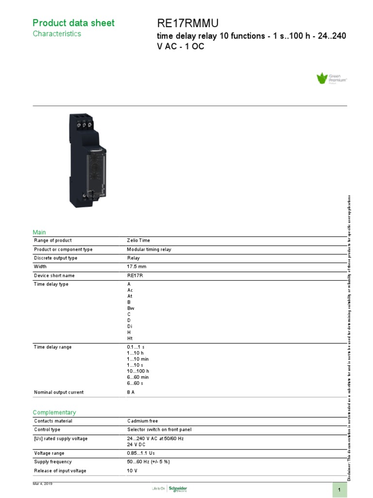 Zelio Timer Relays RE17RMMU PDF Alternating Current Relay