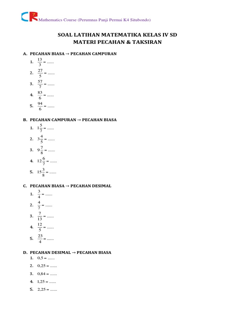 Soal Latihan Matematika Kelas Iv Sd Materi Pecahan Dan Taksiran Pdf