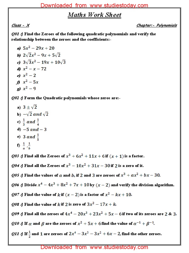 assignment on polynomials class 10