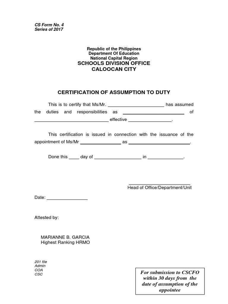 Cs form no 4 certification of assumption to duty pdf