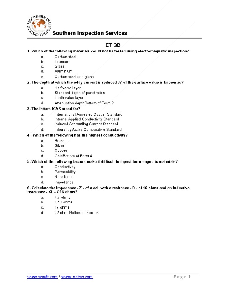 Basic NDT - Et QB 2 | PDF | Inductor | Electrical Resistivity And ...
