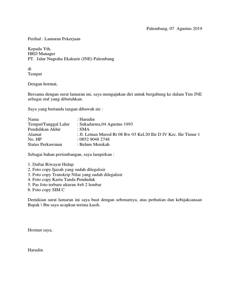 Contoh Surat Lamaran Kerja Di Jne Edukasi Lif Co Id