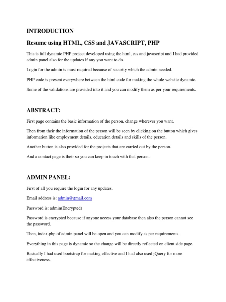 Resume Using HTML, CSS and JAVASCRIPT, PHP | PDF