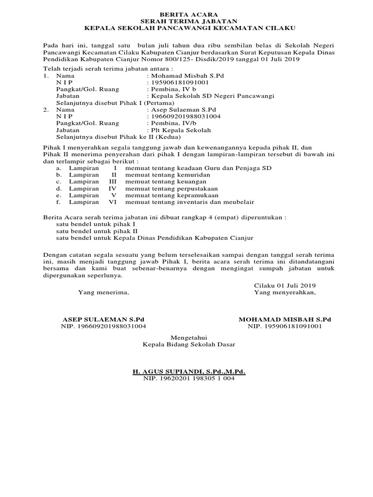 Berita Acara Serah Terima Kepala Sekolah