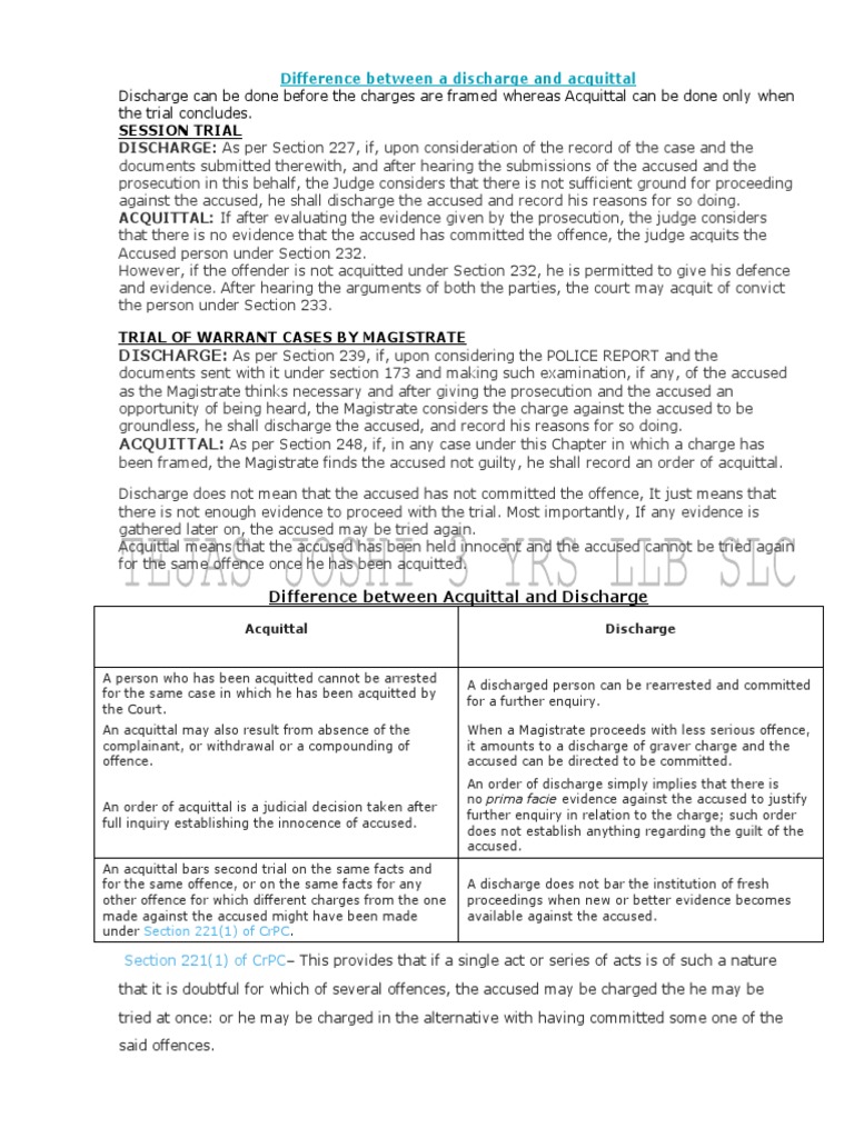 Acquittal Vs Discharge Acquittal Criminal Procedure