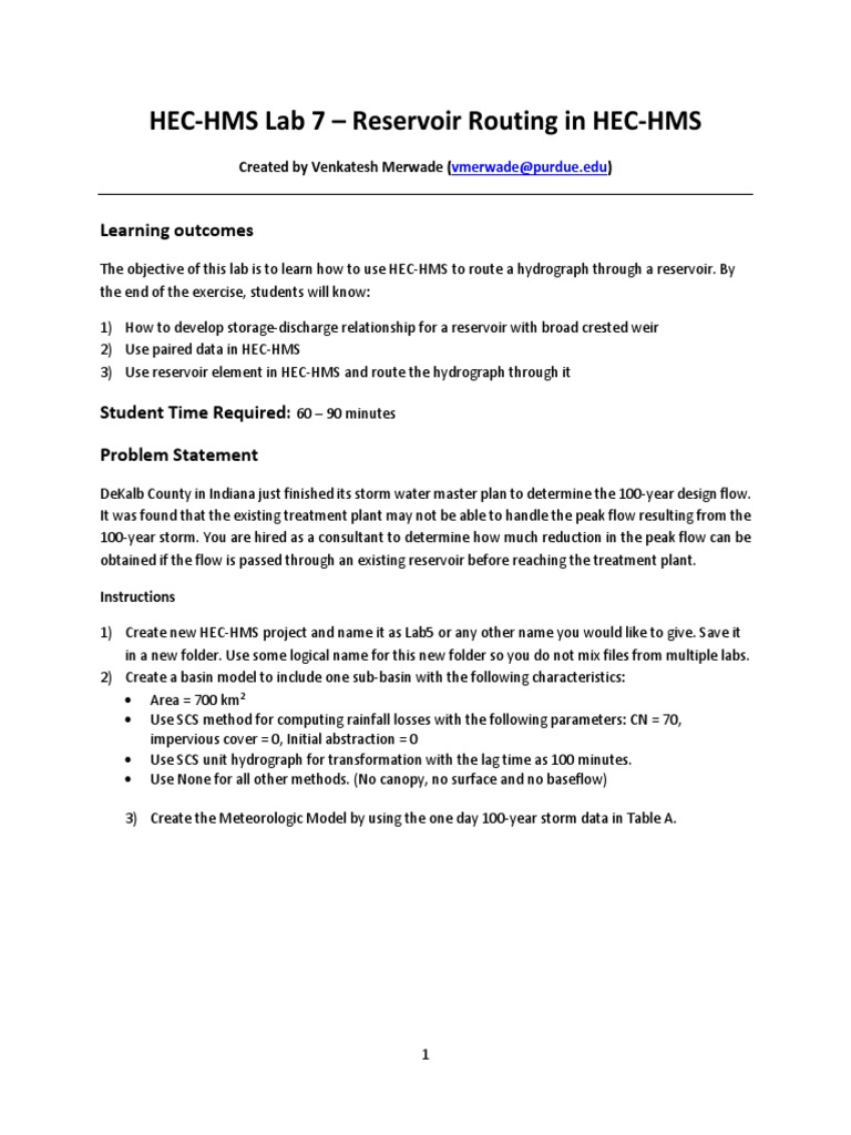 HEC-HMS Lab 7 - Reservoir Routing in HEC-HMS: Learning Outcomes | PDF ...
