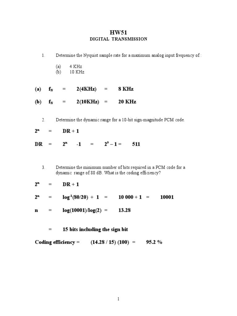 Digital Transmission: PCM Calculations | PDF | Algorithms | Electronic ...