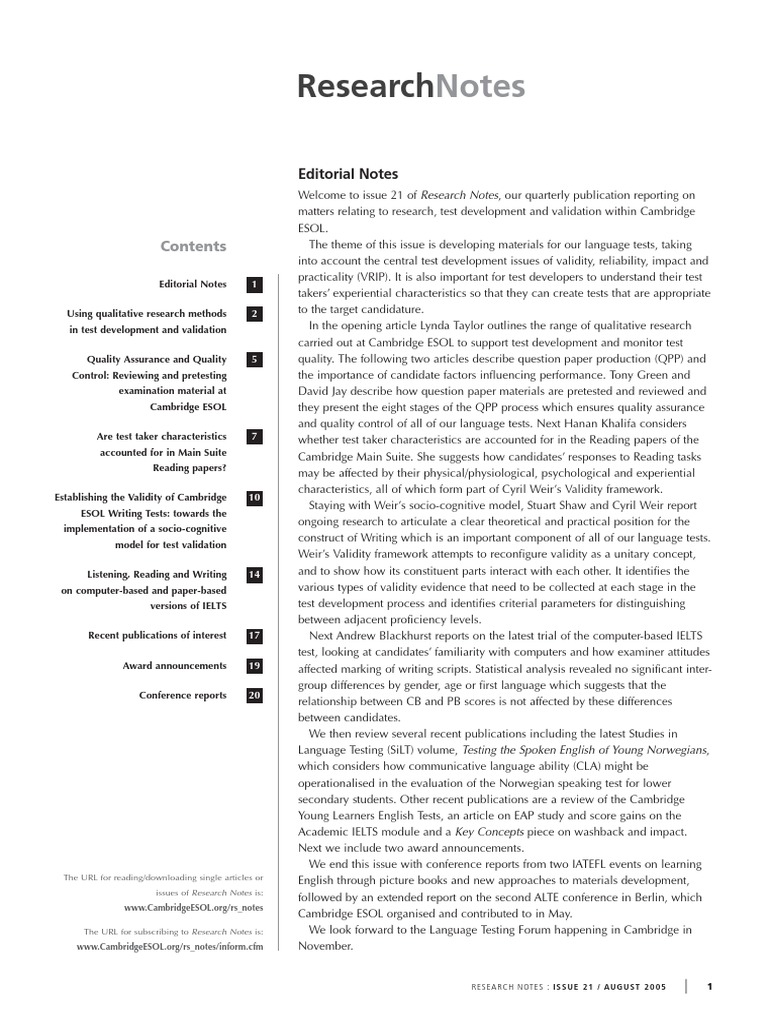 Cambridge Research Notes 2005 PDF Test (Assessment) Qualitative