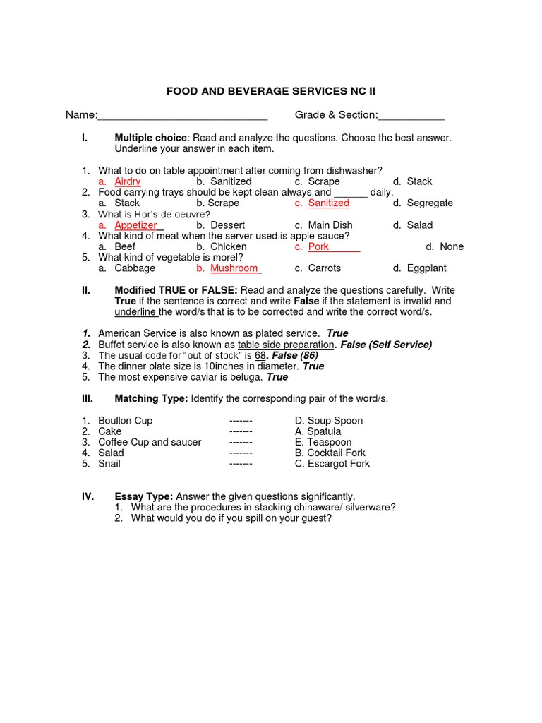 Sample Test Food and Bev | PDF