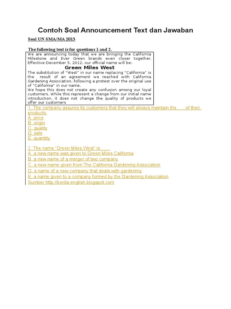 Contoh Soal Announcement Text Dan Jawaban