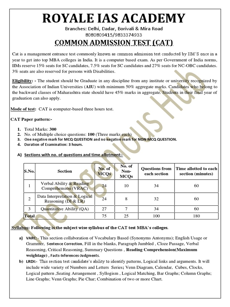 Overview of Common Admission Test (CAT) | PDF | Graduate Management ...