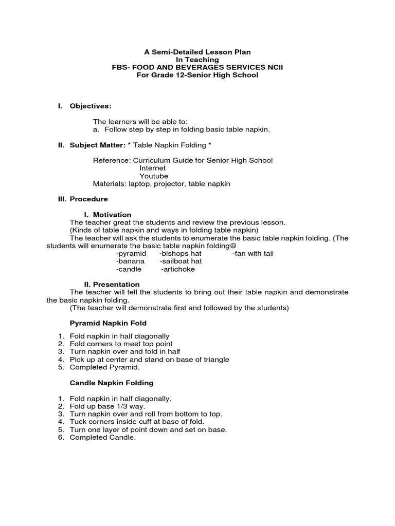 Basic Table Napkin Folding Techniques A Detailed Lesson Plan on