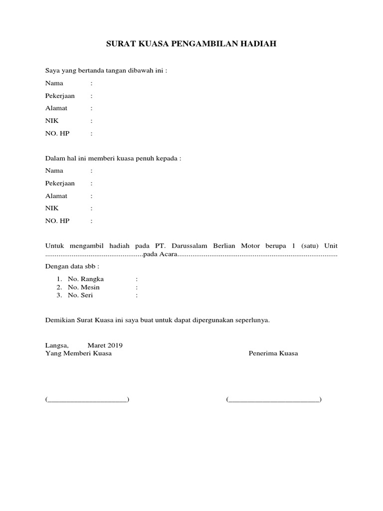 Surat Kuasa Pengambilan Hadiah PDF