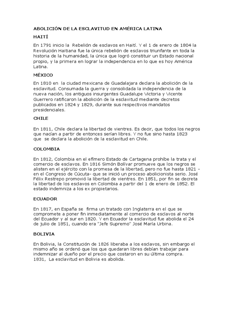 Abolición de la Esclavitud en América Latina | PDF | Abolicionismo ...