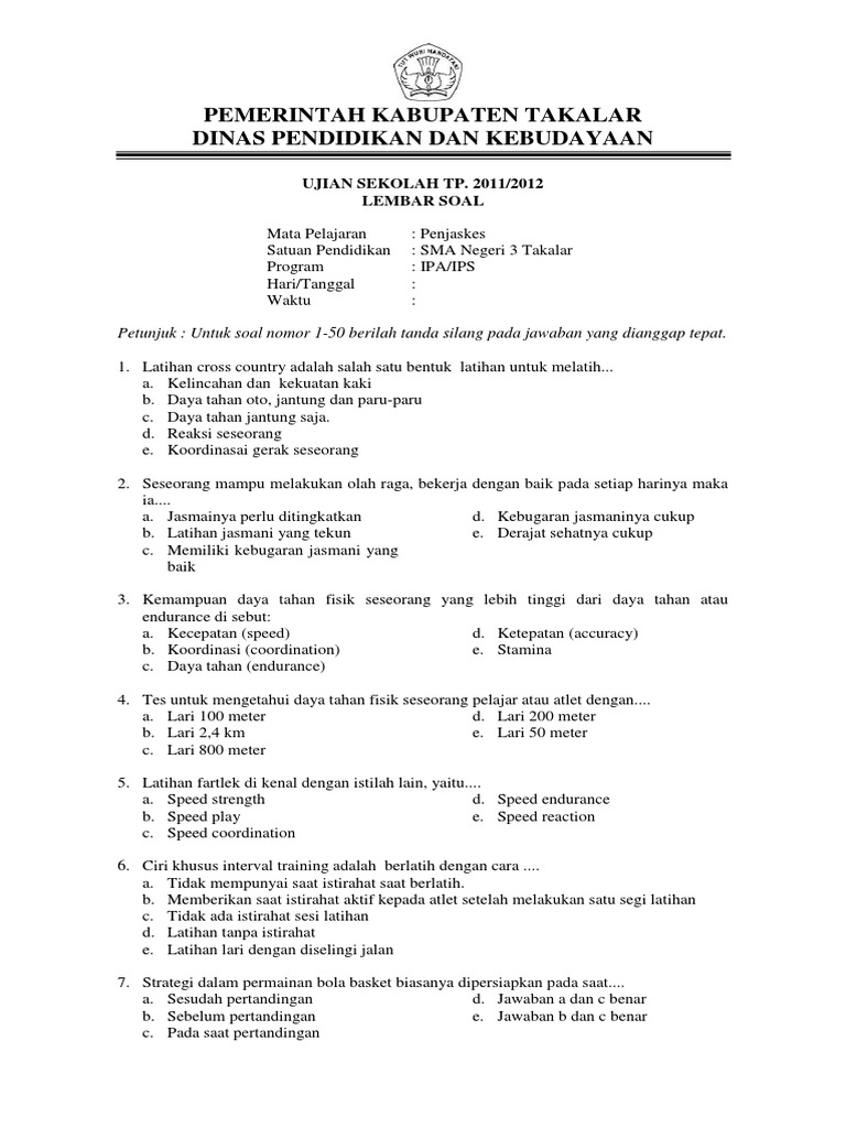 Soal Penjaskes 2012 Sma Neg 3 Takalar