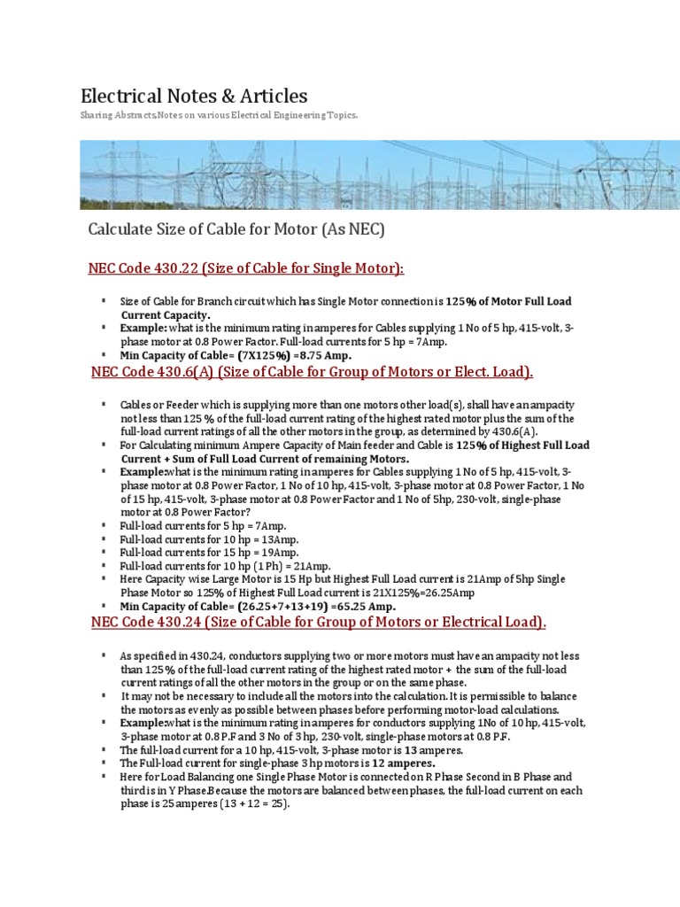 Calculate Size of Cable For Motor (As NEC) | PDF | Power Supply ...