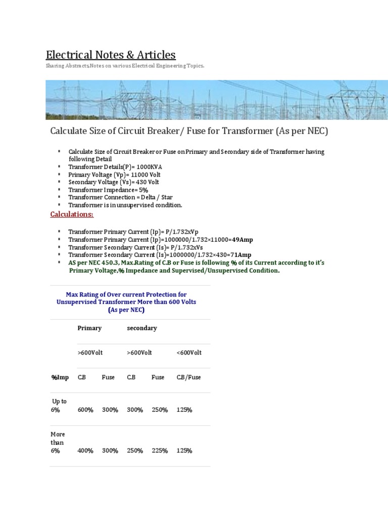 Calculate Size of Circuit Breaker or Fuse For Transformer (As Per NEC