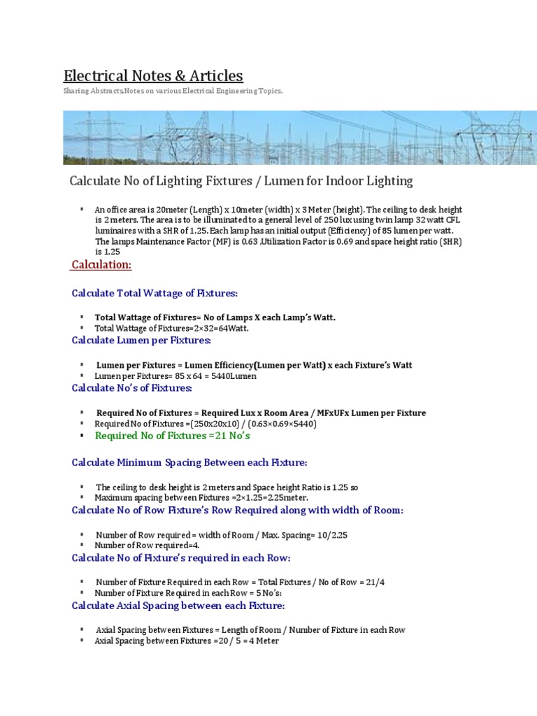 Electrical Notes & Articles Calculate No of Lighting Fixtures / Lumen For Indoor Lighting PDF