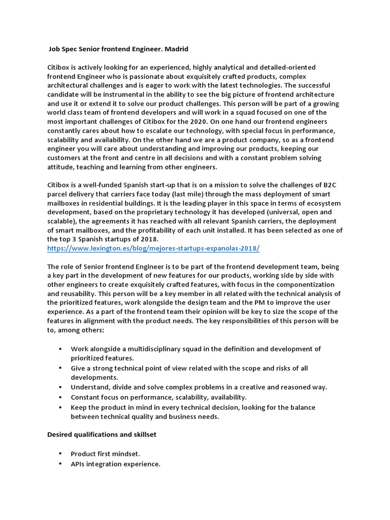 Senior Frontend Engineer Role | PDF | Startup Company | Small Business ...