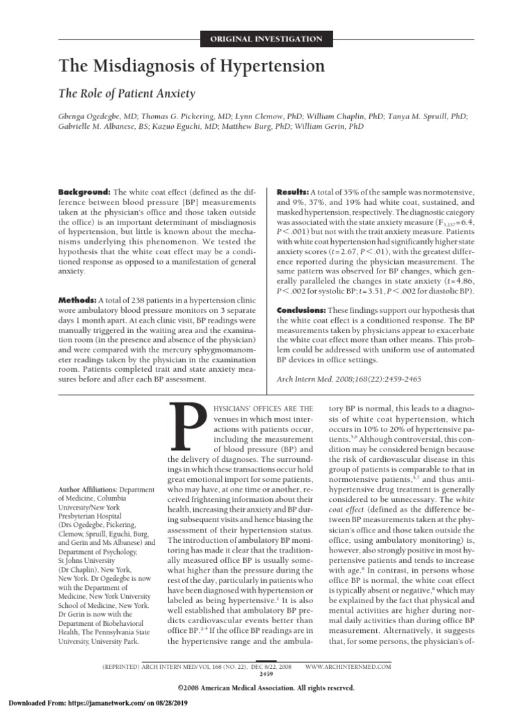 White Coat Hypertension PDF Blood Pressure Hypertension