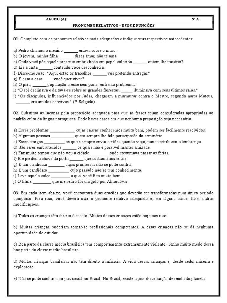 Atividades sobre Pronomes Relativos 9º Ano | PDF | Pronome | Brasil