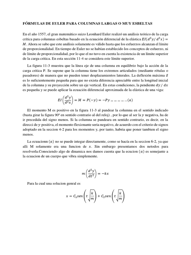 F Rmulas De Euler Para Columnas Largas O Muy Esbelta1 Pdf Leonhard