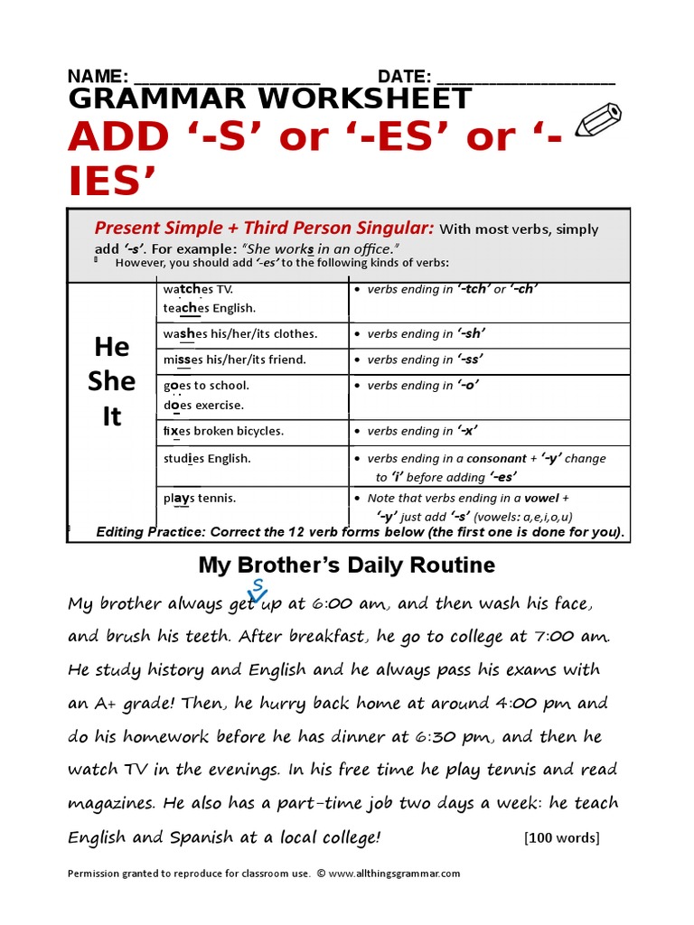 Present Simple S Es Ies Exercises Pdf