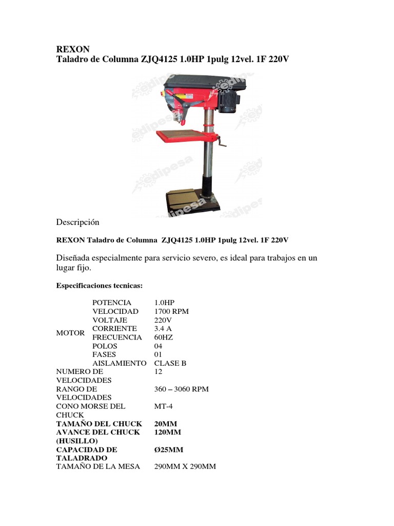 REXON Taladro de Columna ZJQ4125 1.0HP 1pulg 12vel. 1F 220V