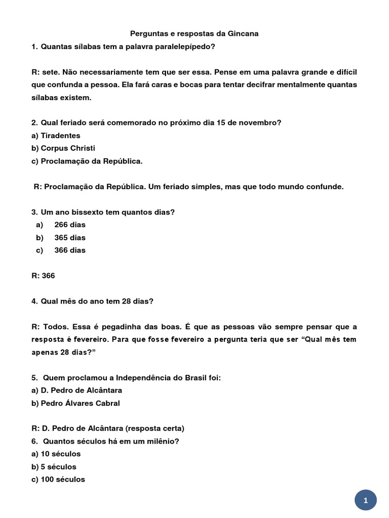 Perguntas e Respostas para Gincanas | PDF | Ano | Quilograma