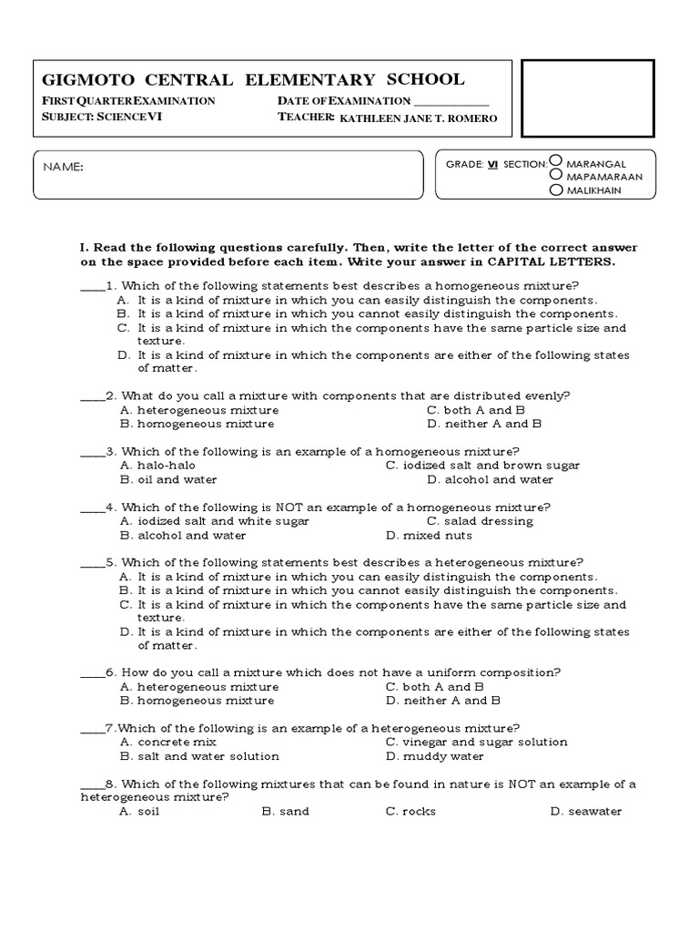 Grade 6 Science Mixtures Exam Review | PDF | Mixture | Solution