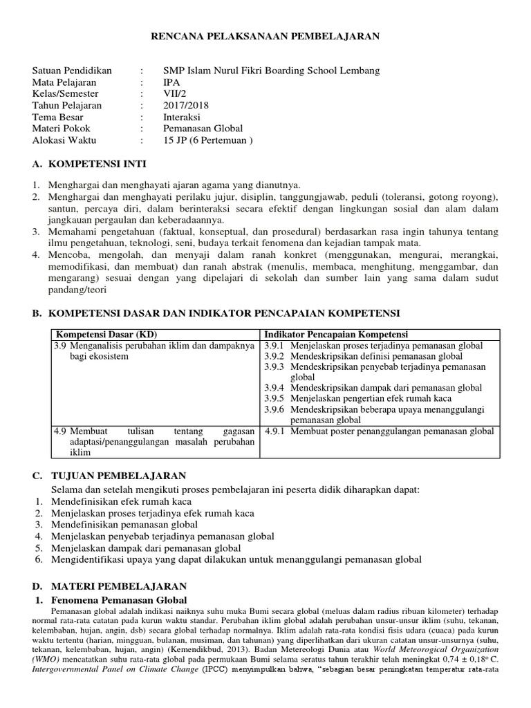 Rpp Pemanasan Global Kelas Vii