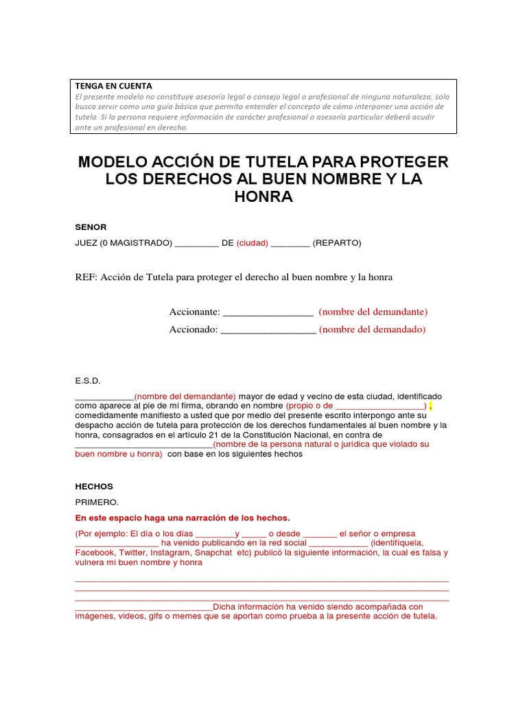 Modelo Accion de Tutela Violacion Al Buen Nombre Final | PDF | Derecho ...