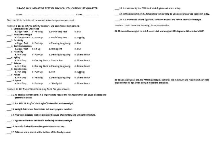 Grade 10 PE 1st Quarter Summative Test | PDF | Body Mass Index | Obesity