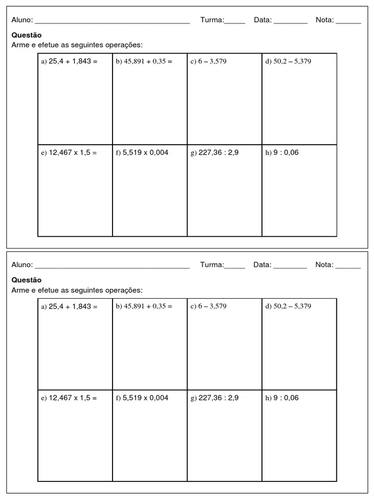 Exercício Diagnóstico 07 - 6º Ano - Operações Com Números Decimais | PDF